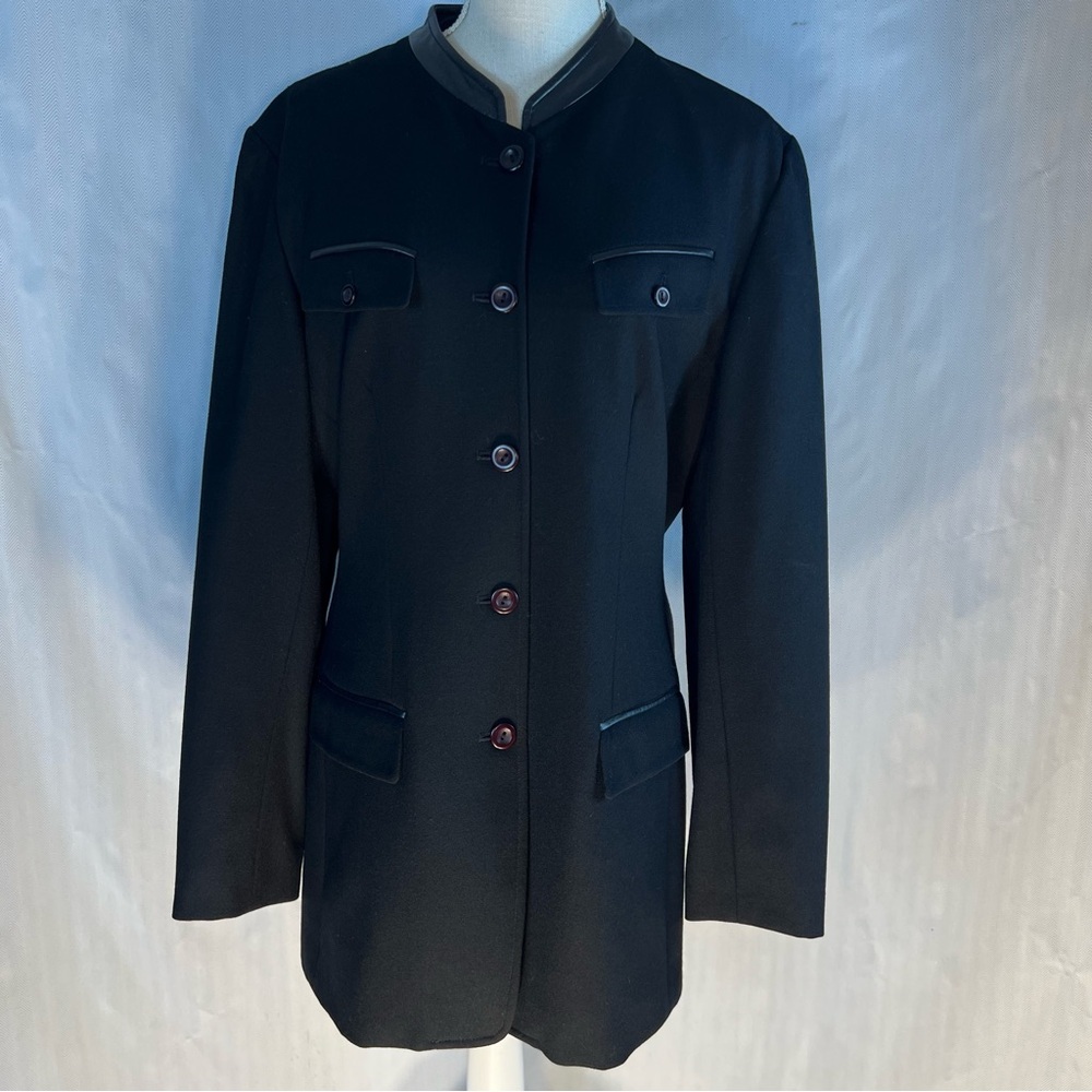 Anne Klein 11 Vintage Coat Black Wool & Leather Thigh Length Made in the USA 12👍